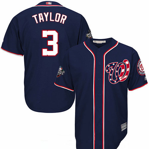 Nationals #3 Michael Taylor Navy Blue Cool Base 2019 World Series Bound Stitched Youth Baseball Jersey