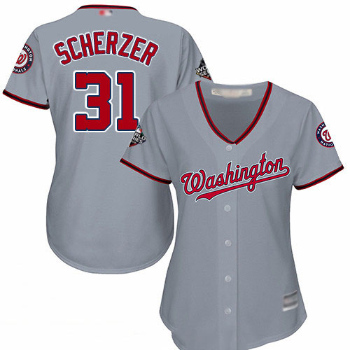 Nationals #31 Max Scherzer Grey Road 2019 World Series Bound Women's Stitched Baseball Jersey