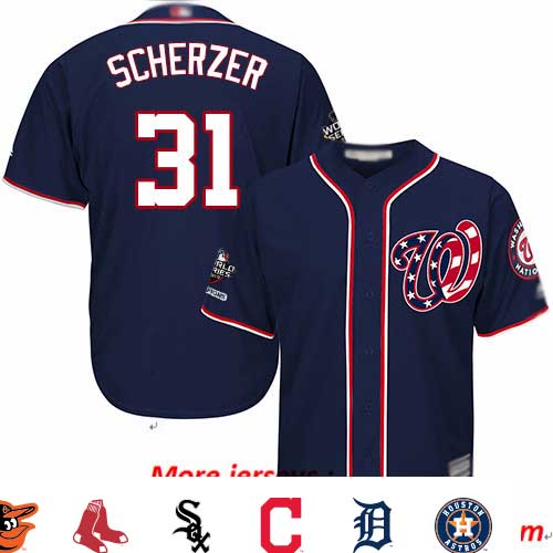 Nationals #31 Max Scherzer Navy Blue New Cool Base 2019 World Series Champions Stitched Baseball Jersey