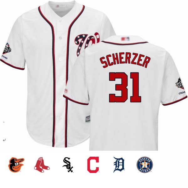 Nationals #31 Max Scherzer White Cool Base 2019 World Series Champions Stitched Youth Baseball Jersey