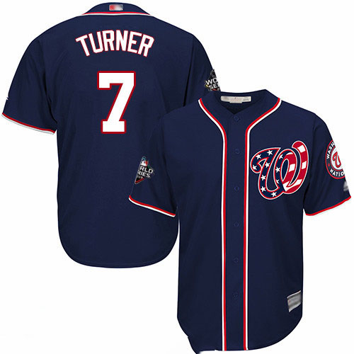 Nationals #7 Trea Turner Navy Blue New Cool Base 2019 World Series Bound Stitched Baseball Jersey