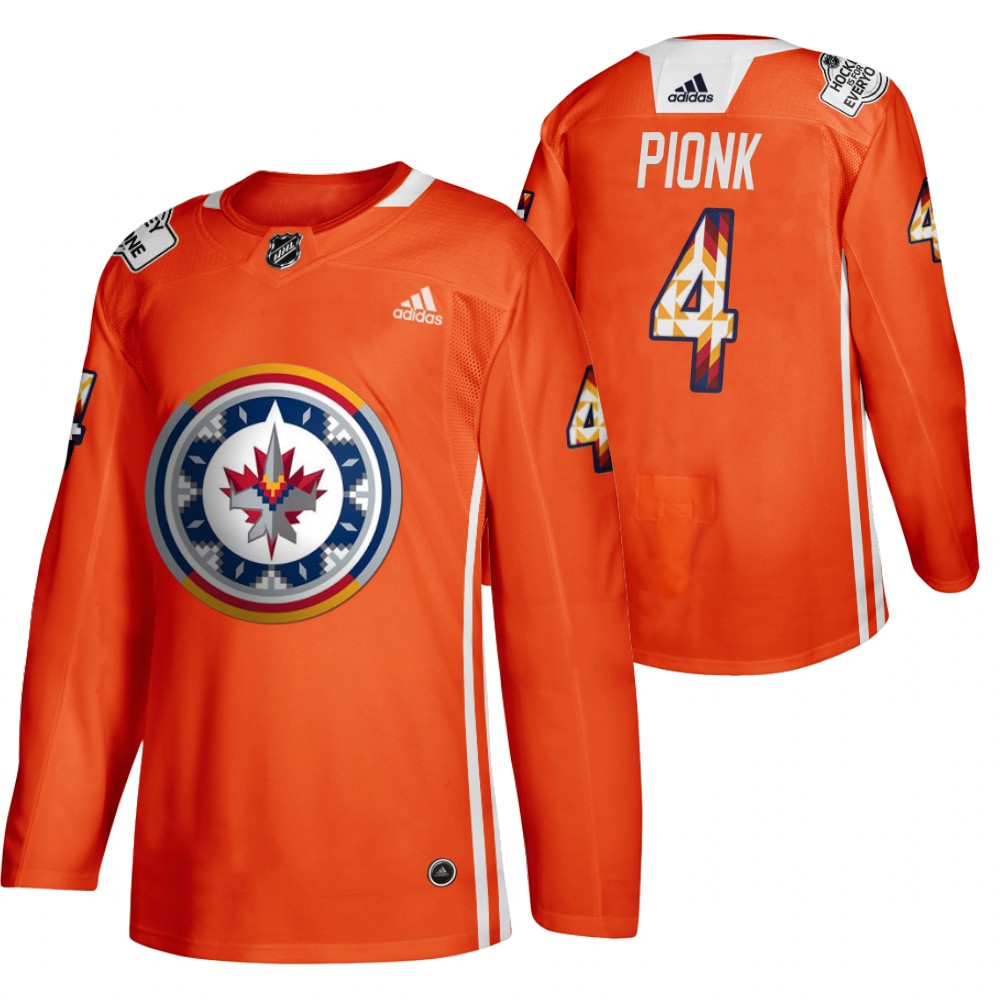 Neal Pionk Jets 2022 WASAC Night Jersey Orange Indigenous Warmup