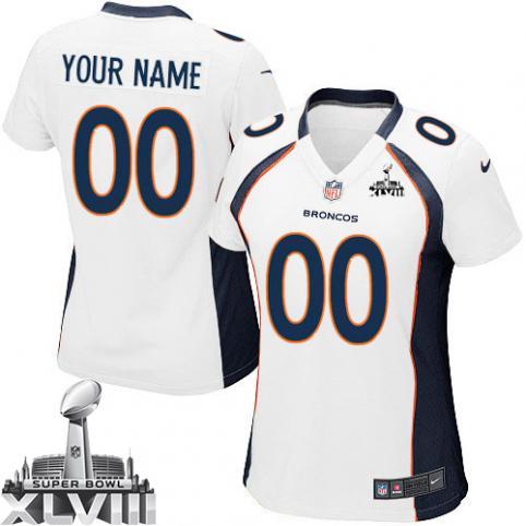 New Denver Broncos Super Bowl XLVIII Women's NFL Road White Customized Jersey