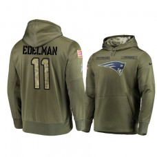 New England Patriots #11 Julian Edelman Olive Pullover Hoodie 2018 Salute To Service