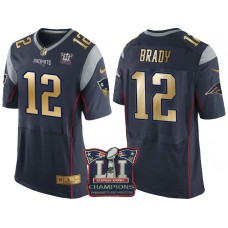New England Patriots #12 Tom Brady Navy Super Bowl LI Champions Gold Elite Jersey