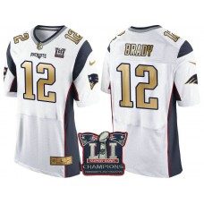 New England Patriots #12 Tom Brady White Super Bowl LI Champions Gold Elite Jersey