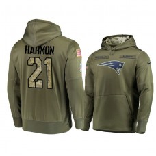 New England Patriots #21 Duron Harmon Olive Pullover Hoodie 2018 Salute To Service