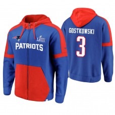 New England Patriots #3 Stephen Gostkowski Royal Super Bowl LIII Full-Zip Hoodie