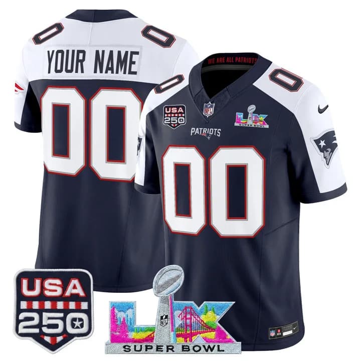 New England Patriots  Super Bowl LX & United States 250th Anniversary Patch Vapor Limited  Custom Jersey - All Stitched