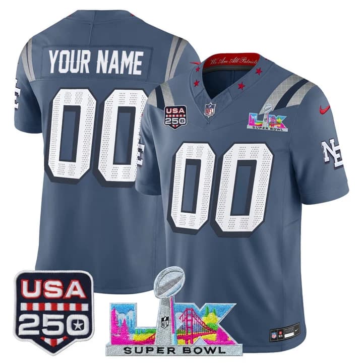New England Patriots  Super Bowl LX & United States 250th Anniversary Patch Vapor Limited Custom Jersey - All  Stitched