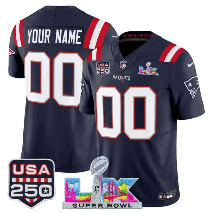 New England Patriots  Super Bowl LX & United States 250th Anniversary Patch Vapor Limited Custom Jersey - All Stitched