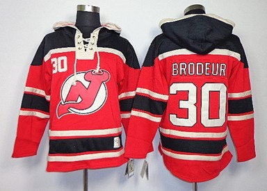 New Jersey Devils #30 Martin Brodeur Red With Black Old Time Hockey hoodies Stitched