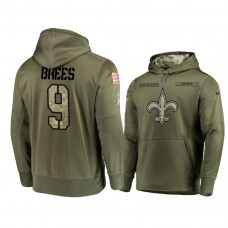 New Orleans Saints #9 Drew Brees Olive Pullover Hoodie 2018 Salute To Service