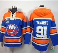 New York Islanders #91 John Tavares Baby Blue Sawyer Hooded Sweatshirt Stitched NHL Jersey