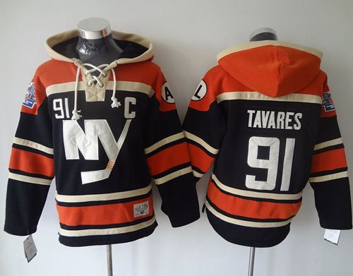 New York Islanders #91 John Tavares Dark Blue Sawyer Hooded Sweatshirt Stitched NHL Jersey
