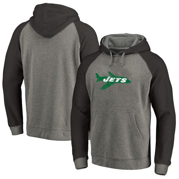 New York Jets NFL Pro Line By Fanatics Branded Throwback Logo Tri-Blend Raglan Pullover Hoodie Gray Black