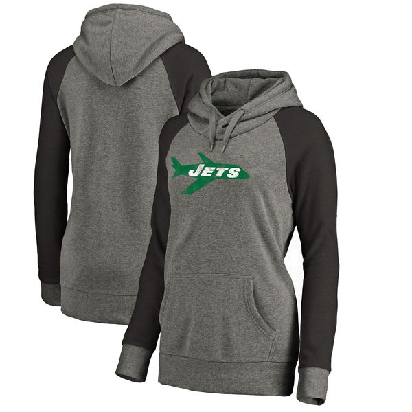 New York Jets NFL Pro Line By Fanatics Branded Women's Throwback Logo Tri-Blend Raglan Plus Size Pullover Hoodie Gray Black