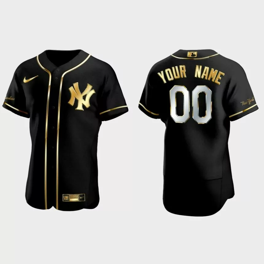 New York Mets #00 Custom Golden Edition Authentic Jersey – Black
