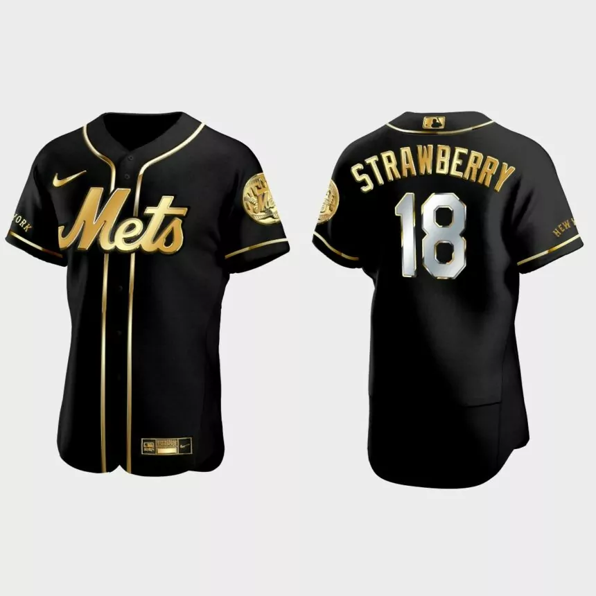 New York Mets #18 Darryl Strawberry Golden Edition Authentic Jersey – Black