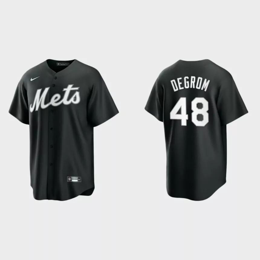 New York Mets Jacob deGrom 2021 All Black Fashion Replica Jersey – Black White