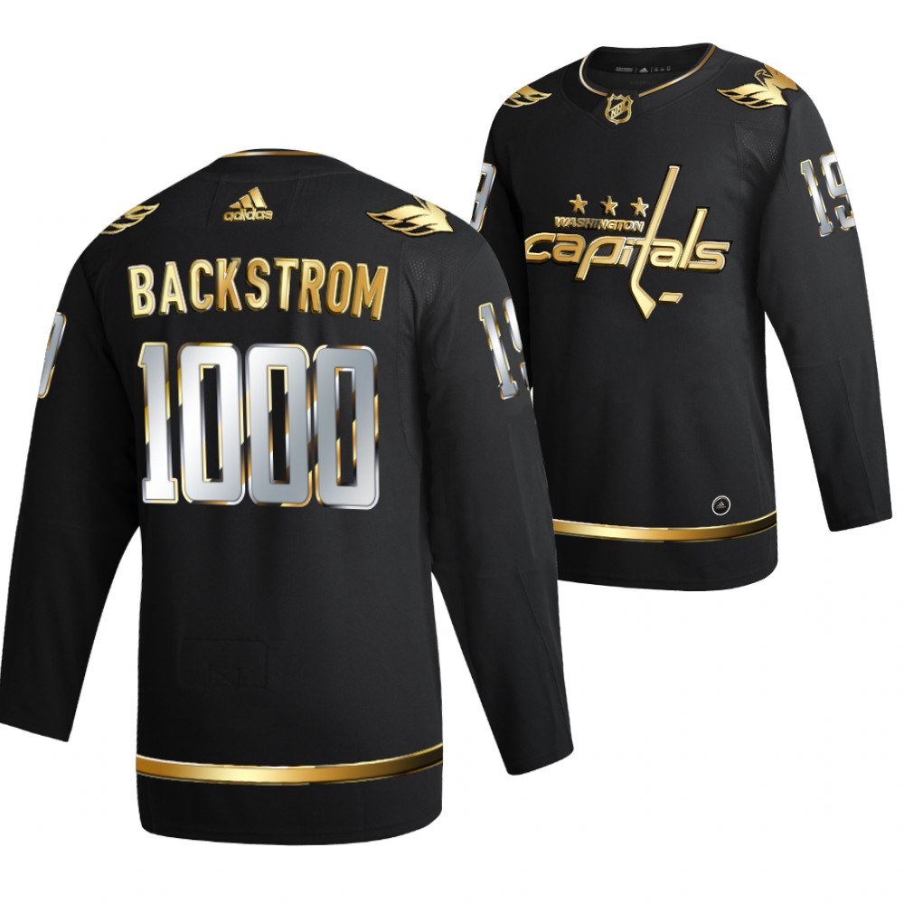 Nicklas Backstrom 1000 Career Games Black Capitals #19 Jersey Golden Limited