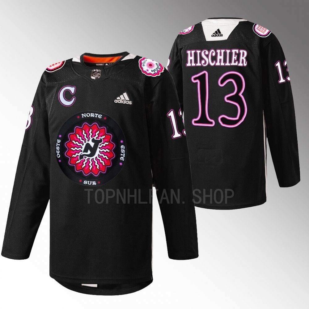 Nico Hischier 2022 New Jersey Devils Black Hispanic Heritage Night Warmup Jersey