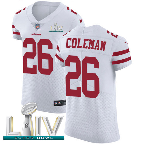 Nike 49ers #26 Tevin Coleman White Super Bowl LIV 2020 Men's Stitched NFL Vapor Untouchable Elite Jersey