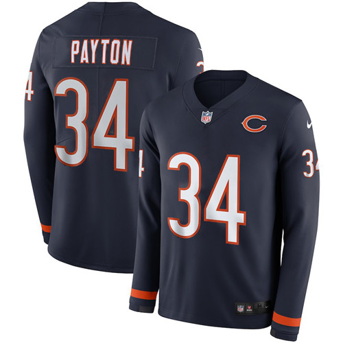 Nike Bears 34 Walter Payton Navy Therma Long Sleeve Jersey