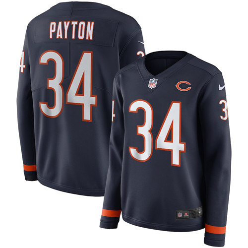 Nike Bears 34 Walter Payton Navy Women Therma Long Sleeve Jersey