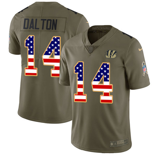 Nike Bengals #14 Andy Dalton Olive USA Flag Men's Stitched NFL Limited 2017 Salute To Service Jersey