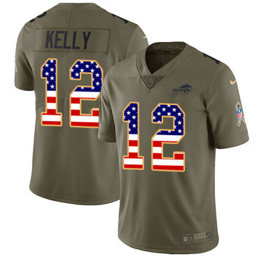 Nike Bills #12 Jim Kelly Olive USA Flag Men's Stitched NFL Limited 2017 Salute To Service Jersey