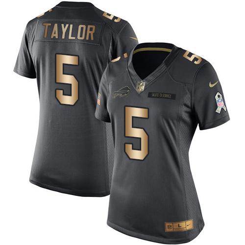 Nike Bills #5 Tyrod Taylor Black Women's Stitched NFL Limited Gold Salute to Service Jersey