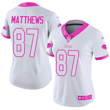 Nike Bills #87 Jordan Matthews White Pink Women's Stitched NFL Limited Rush Fashion Jersey