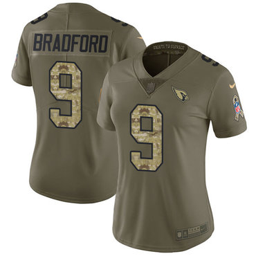 Nike Cardinals #9 Sam Bradford Olive Camo Women's Stitched NFL Limited 2017 Salute to Service Jersey