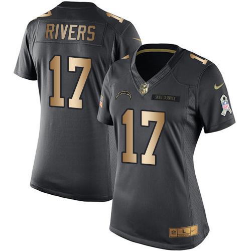 Nike Chargers #17 Philip Rivers Black Women's Stitched NFL Limited Gold Salute to Service Jersey