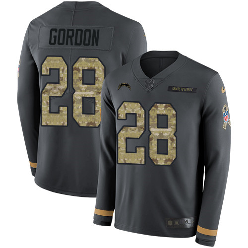 Nike Chargers #28 Melvin Gordon Anthracite Salute to Service Men's Stitched NFL Limited Therma Long Sleeve Jersey