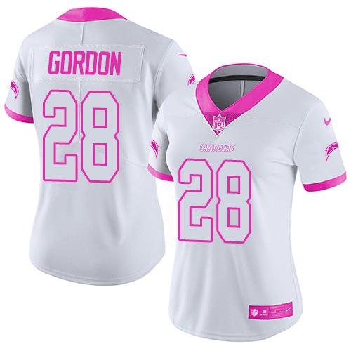 Nike Chargers #28 Melvin Gordon White Pink Women's Stitched NFL Limited Rush Fashion Jersey