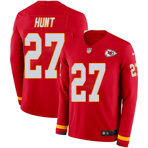 Nike Chiefs #27 Kareem Hunt Red Team Color Men's Stitched NFL Limited Therma Long Sleeve Jersey