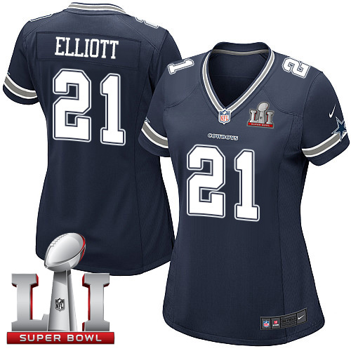 Nike Cowboys #21 Ezekiel Elliott Navy Blue Team Color Women's Stitched NFL Super Bowl LI 51 Elite Jersey