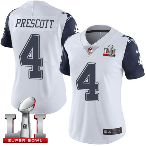 Nike Cowboys #4 Dak Prescott White Women's Stitched NFL Super Bowl LI 51 Limited Rush Jersey
