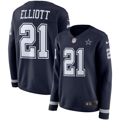 Nike Cowboys 21 Ezekiel Elliott Navy Women Therma Long Sleeve Jersey