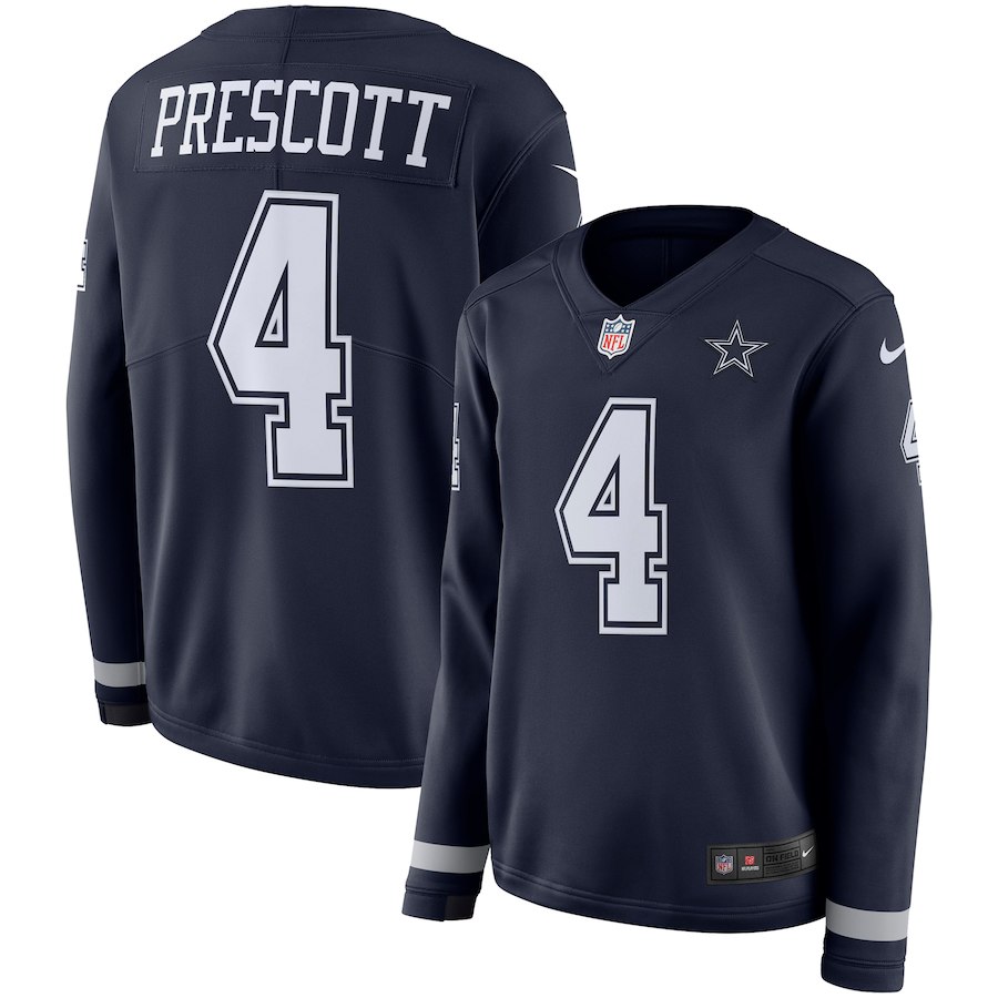 Nike Cowboys 4 Dak Prescott Navy Women Therma Long Sleeve Jersey