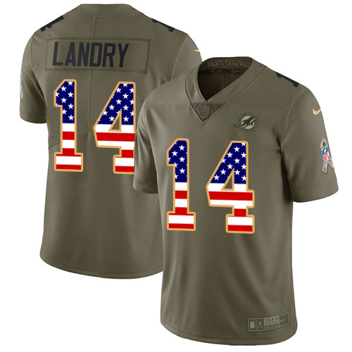 Nike Dolphins #14 Jarvis Landry Olive USA Flag Men's Stitched NFL Limited 2017 Salute To Service Jersey