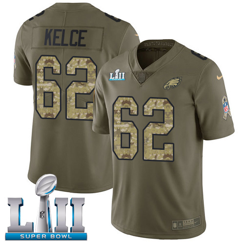 Nike Eagles #62 Jason Kelce Olive Camo Super Bowl LII Youth Stitched NFL Limited 2017 Salute to Service Jersey