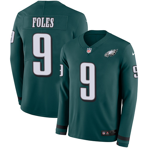 Nike Eagles #9 Nick Foles Midnight Green Team Color Men's Stitched NFL Limited Therma Long Sleeve Jersey