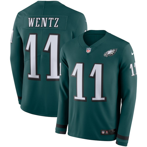Nike Eagles 11 Carson Wentz Green Therma Long Sleeve Jersey