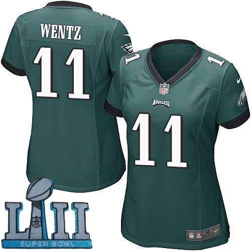 Nike Eagles 11 Carson Wentz Green Women 2018 Super Bowl LII Game Jersey