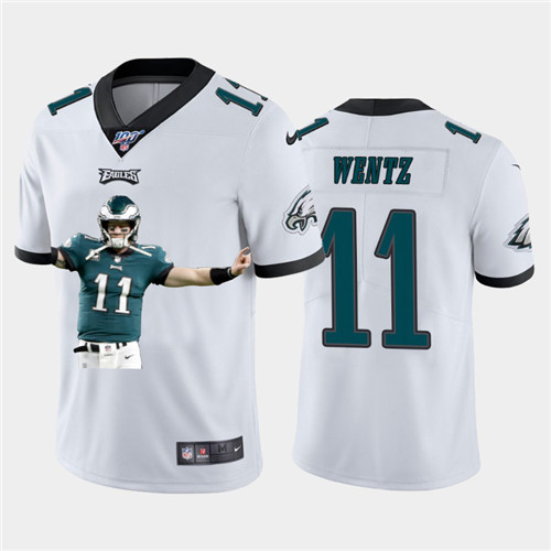 Nike Eagles 11 Carson Wentz White Player Name Logo 100th Season Vapor Untouchable Limited Jersey