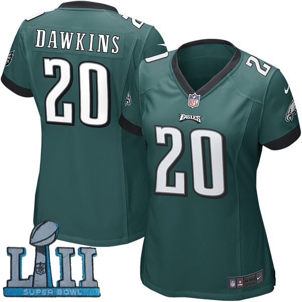 Nike Eagles 20 Brian Dawkins Green Women 2018 Super Bowl LII Game Jersey