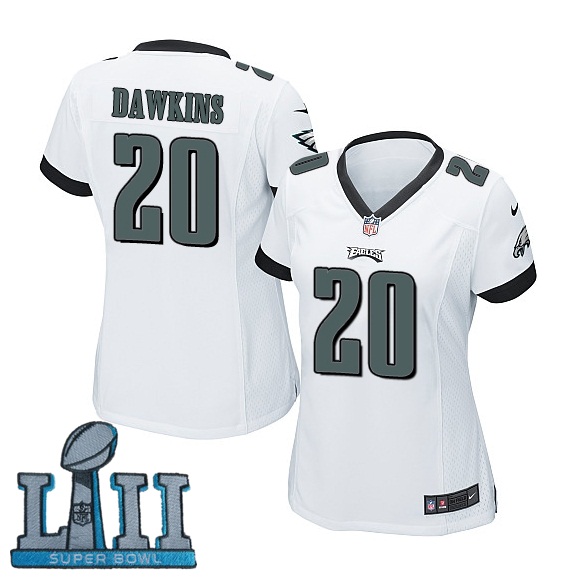 Nike Eagles 20 Brian Dawkins White Women 2018 Super Bowl LII Game Jersey
